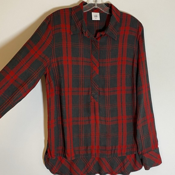 Cabi Top Womens Medium Red Black Plaid 1/2 Button Up Blouse Hi Low Festive Boho - Picture 4 of 16